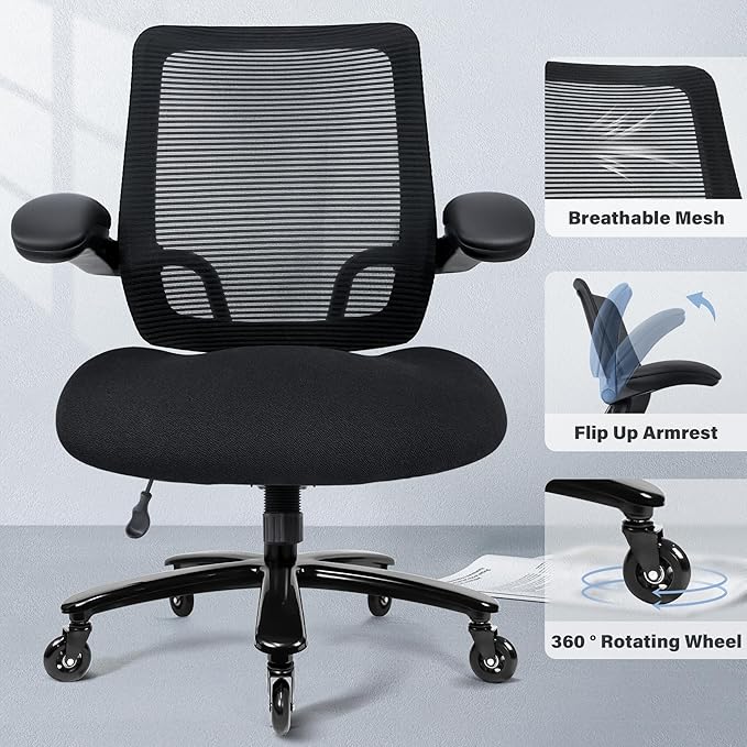 500LBS Big and Tall Office Chair with Flip-Up Armrests, Heavy Duty Office Chair for Heavy People, Memory Foam Seat Filling Springs, Black