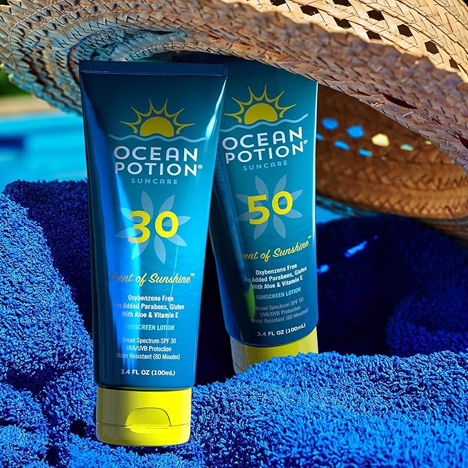Ocean Potion SPF 50 Sunscreen Body Lotion, Broad Spectrum UVA/UVB Protection with Aloe and Vitamin E, Water-Resistant Non-Greasy Travel Size Sunscreen, 3.4 oz