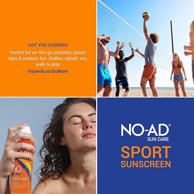 NO-AD SPORT SPF 50 Sunscreen Spray | Non-Greasy, Waterproof and Non toxic Sunscreen | Body Sunscreen | Suitable for All Skin Types | Broad Spectrum Protection for Active Lifestyles | 9 oz