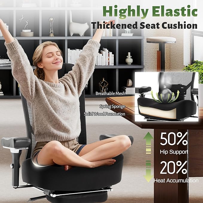 600LBS Big and Tall Office Chair,Ergonomic Mesh Office Chairs with Thick Oversized Spring Cushion,Executive Computer Desk Chair Adjustable Upgraded 4D Armrests,Footrest&Headrest for Home Office,Black