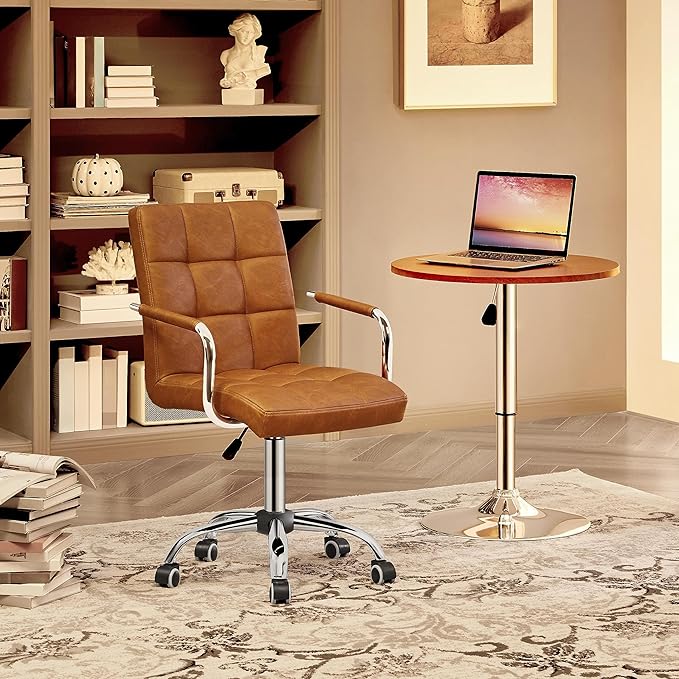 Yaheetech PU Leather Comfortable Office Desk Chair Mid Back Height Adjustable Computer Swivel Chair w/Armrests, Retro Brown