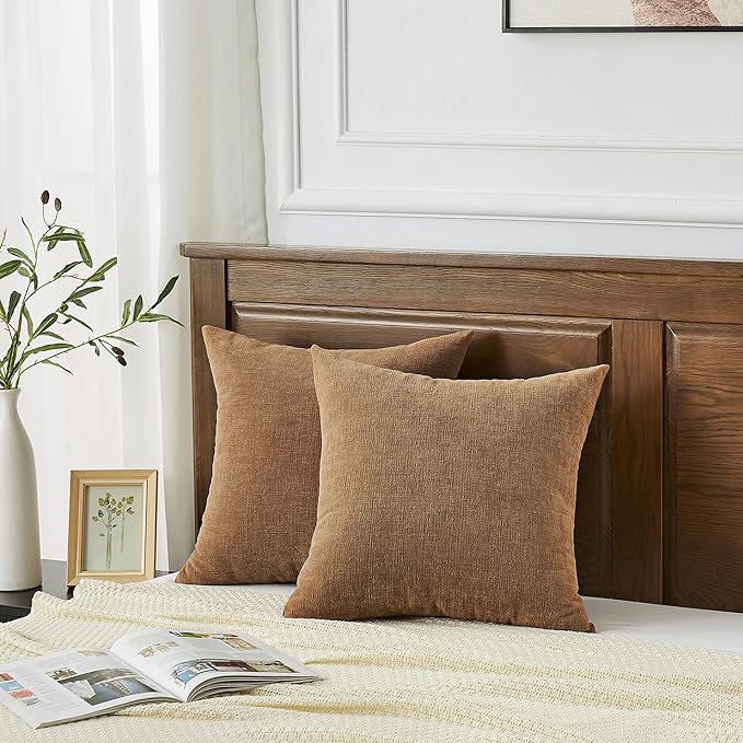 GAWAMAY Decorative Chenille Throw Pillow Covers 24x24 Inch Pack of 2, Soft Square Couch Pillow Cover for Sofa Cushion Living Room Bedroom Solid Dyed Pillowcases Brown 60x60cm (ONLY Covers)