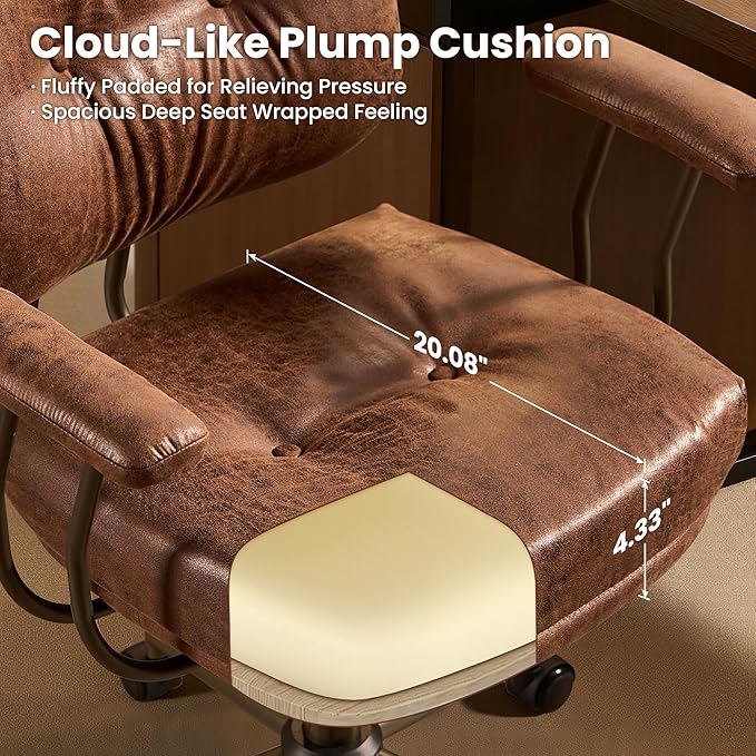 ovios Ergonomic Office Chair, Mid Back Faux Leather Executive Chairs with Thick Cushion, Comfy Mid-Century Modern Swivel Rolling Computer Armchair (Dark Brown, Suede Leather)