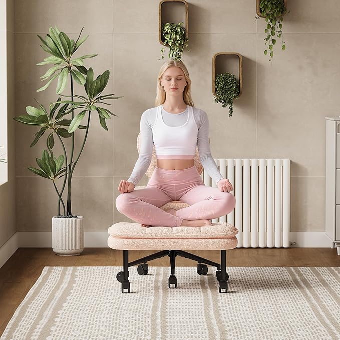 AODAILIHB Ergonomic Cross Legged Office Chair with Pull-Out Stool, 360° Swivel Teddy Fabric Meditation Chair with Wheels, Height Adjustable Kneeling Chair with Lumbar Support for Home Office, Pink