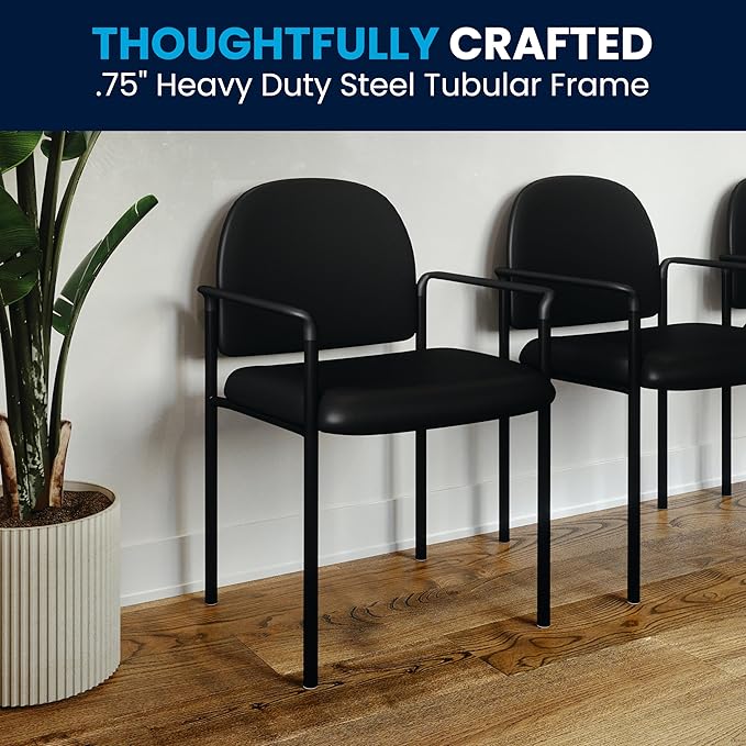 Flash Furniture Tiffany Side Reception Chair with Padded Armrests, Stackable Vinyl Waiting Room Chair for Commercial or Residential Use, Black