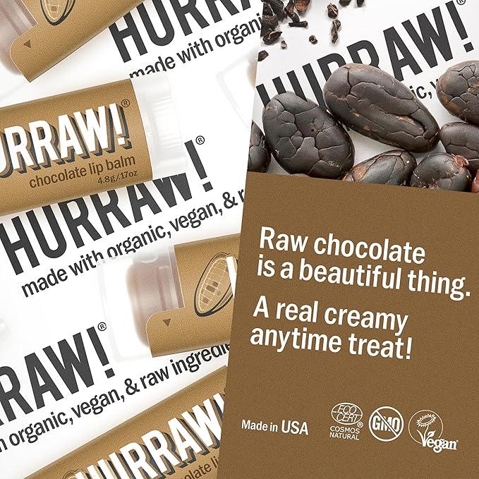 Hurraw! Chocolate Lip Balm: Organic, Certified Vegan, Cruelty and Gluten Free. Non-GMO, 100% Natural Ingredients. Bee, Shea, Soy and Palm Free. Made in USA