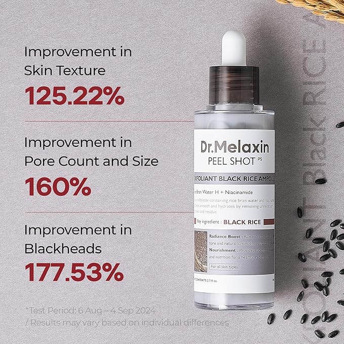 Dr.Melaxin Peel Shot Glow Black Rice Peeling Ampoule 80ml, Dead Skin Remover Gentle Exfoliating with Rice Water Extract, AHA BHA, Niacinamide, Daily Skin Texture, All Skin Types, Korean Skincare