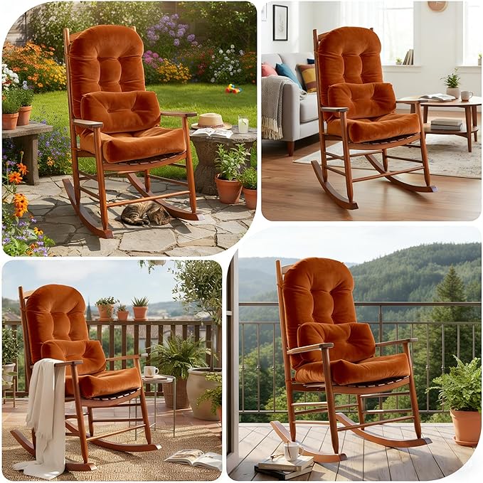 Rocking Chair Cushion Indoor Large Chair Pads Set with Ties Extra Lumbar Pillow Premium Dutch Velvet High Resilience Filler Non-Slip Bottom, Orange