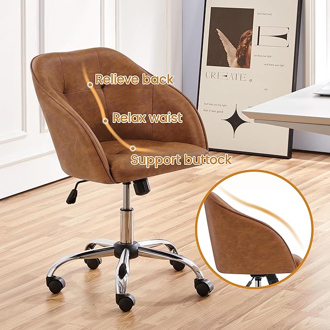 Yaheetech Home Office Desk Chair Vanity Chair with Back Small Leather Computer Chair with Swivel Wheels Modern Accent Armchair for Office Bedroom Retro Brown