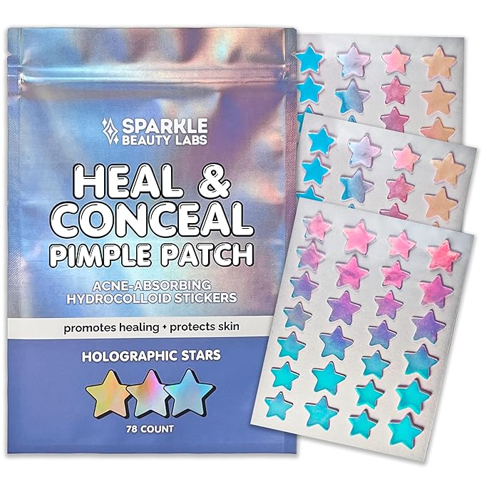 Heal & Conceal Pimple Patch - Cute Holographic Star Shaped Acne Patches, Fun Hydrocolloid Zit Stickers for Face (Iridescent Stars, 78 Count)