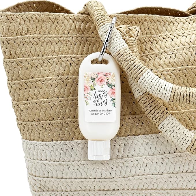 Personalized Sunscreen with Carabiner SPF 30, Custom Sunscreen for Wedding Favors, Party Favors, Garden Wedding, Pink Rose Favor, Bridal Shower Favors, Bachelorette Gift (Set of 12)