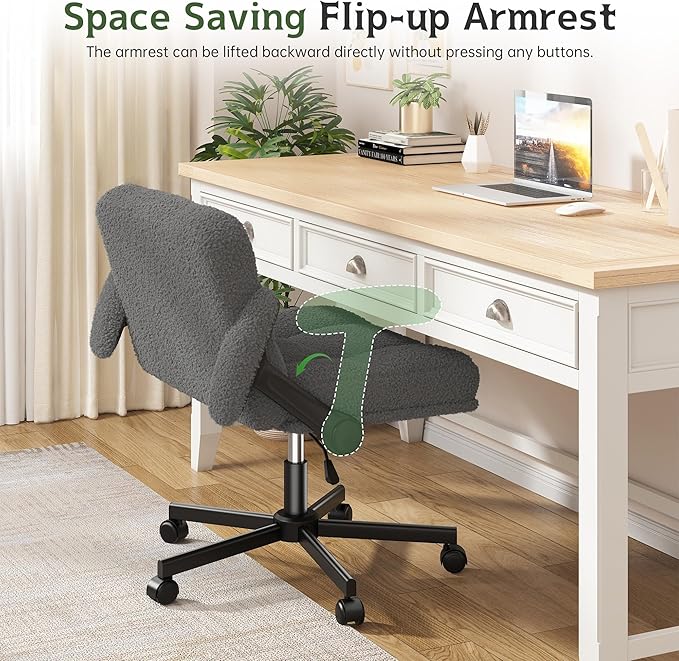 Criss Cross Chair with Wheels and Flip-up Arms, Adjustable Height, Teddy Plush Fabric,Grey, for Bedroom, Home Office, Apartment