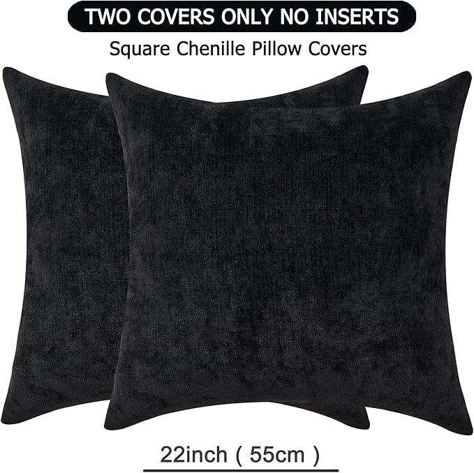 GAWAMAY Decorative Square Throw Pillow Covers 22"x22" Inch Set of 2, Super Soft Chenille Pillows Farmhouse Fall Pillowcase for Living Room Bedroom Sofa Couch Cushion Cover Black 55x55cm (No Insert)