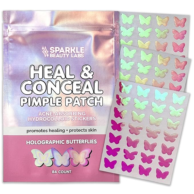 Heal & Conceal Pimple Patch - Cute Holographic Butterfly Shaped Acne Patches, Fun Hydrocolloid Zit Stickers for Face (Iridescent Pink Butterflies, 84 Count)
