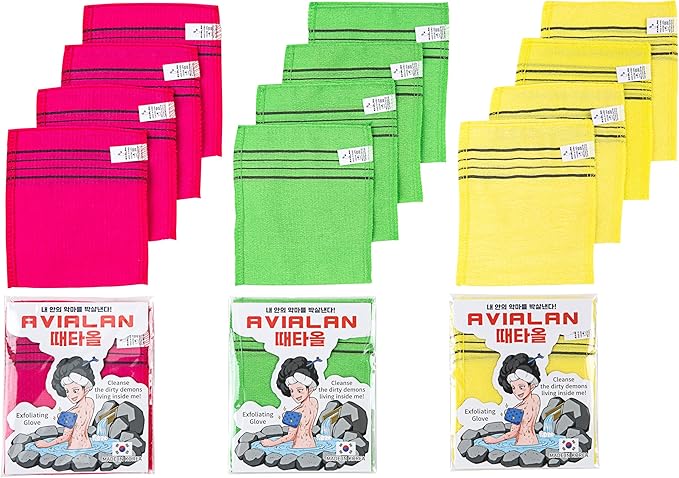 Exfoliating glove body wash loofah korean skin care face lip body scrub dry brushing body brush foot back scrubber (Green+Yellow+Red, 12 pack)
