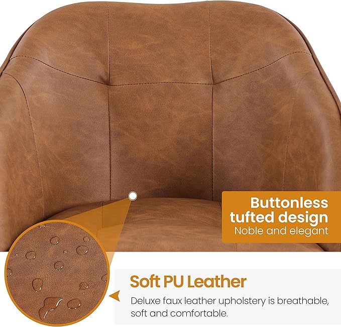 Yaheetech Home Office Desk Chair Vanity Chair with Back Small Leather Computer Chair with Swivel Wheels Modern Accent Armchair for Office Bedroom Retro Brown