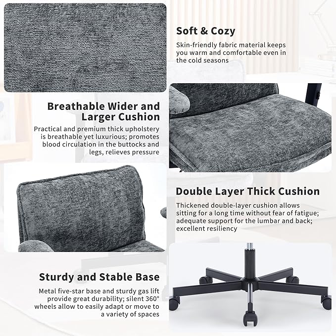 Cross Legged Office Chair, Height Adjustable Swivel Desk Chair with Flip-Up Arms, Padded Criss Cross Chair for Home Office & Bedroom