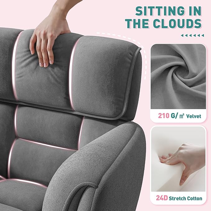 Home Office Chair with Wheels Soft-Touch Material,Modern Cute Vanity Chair with Back Adjustable Height Upholstered Comfy Desk Chairs with Side Pockets for Bedroom,Grey