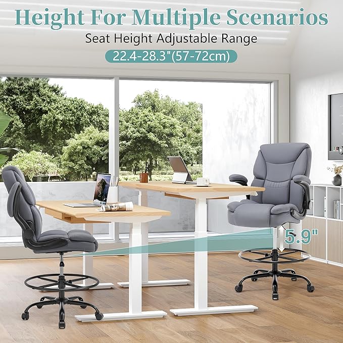 Ergonomic Drafting Chair, Tall Office Chair for Standing Desk, High Back Standing Desk Chair with Flip-Up Armrest, Adjustable Height&Foot Ring, Executive PU Leather Extended Height Office Chairs,Grey