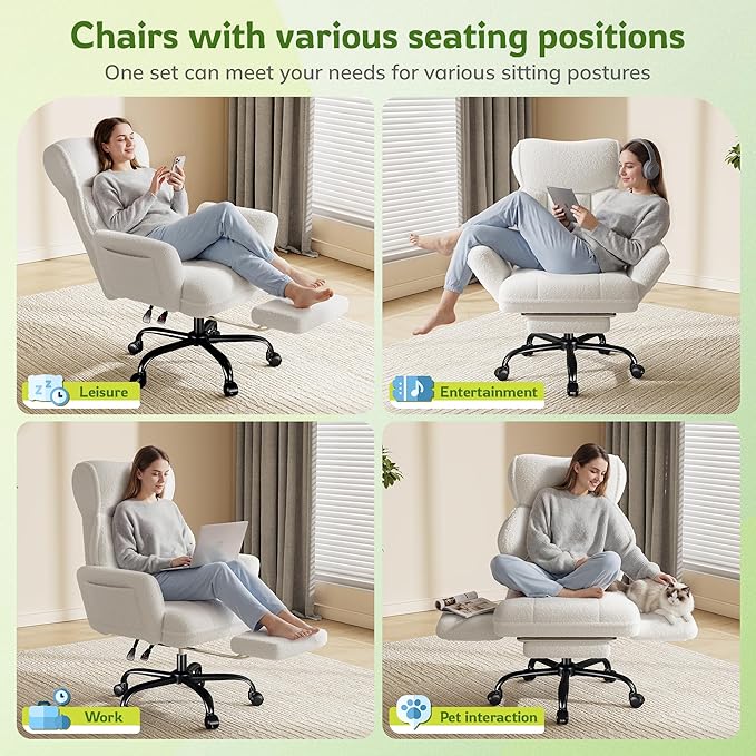 Big and Tall Office Chair with Adjustable Arms and Back, Ergonomic Office Chair with Footrest and Comfortable Fabric for Home Office, Bedroom,White