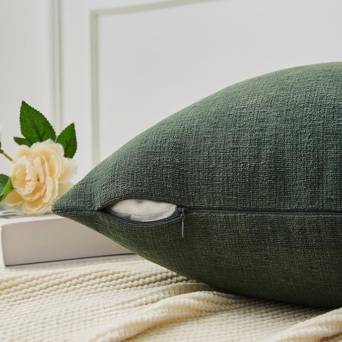 GAWAMAY Decorative Square Throw Pillow Covers 20"x20" Inch Set of 2, Super Soft Chenille Pillows Farmhouse Pillowcase for Living Room Bedroom Sofa Couch Cushion Cover Dark Green 50x50cm (No Insert)