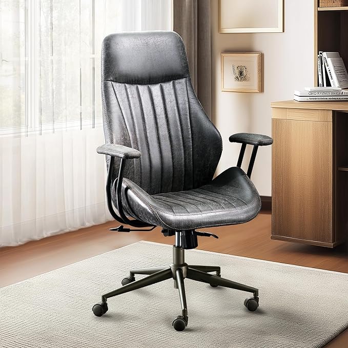 HOOOWOOO Faux Suede Leather Home Office Desk Chair,MCM Modern Ergonomic Task Work Chair,Computer Gaming Chair with Cushion Seat Lumbar Support Reclining High Back for Long Hours(Charcoal Grey)