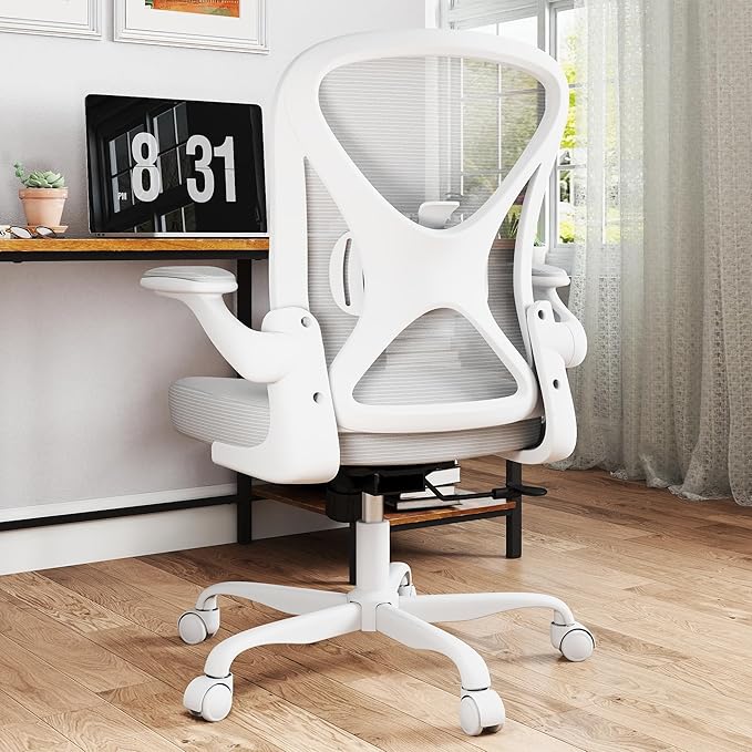 Mesh Office Chair with Adjustable Lumbar Support and Flip-up Arms, Ergonomic Home Office Desk Chair with Wheels, Grey