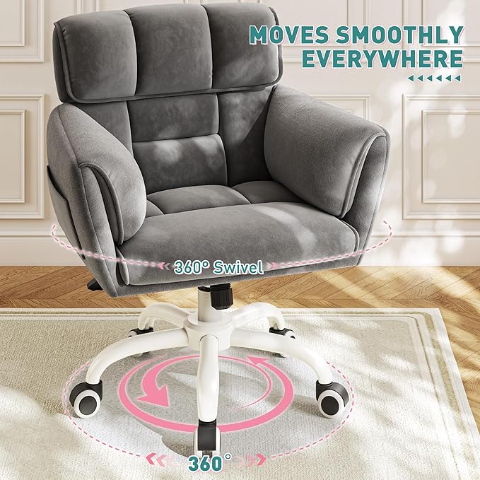 Home Office Chair with Wheels Soft-Touch Material,Modern Cute Vanity Chair with Back Adjustable Height Upholstered Comfy Desk Chairs with Side Pockets for Bedroom,Grey