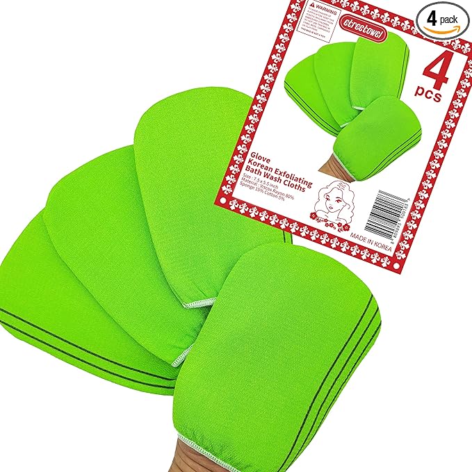 Korean Asian Exfoliating Bath Washcloths Mitt Scrub for Body washcloth Glove Premium Viscose Rayon Towel Korea Made(4 pcs of Glove Exfoliating Mitts)