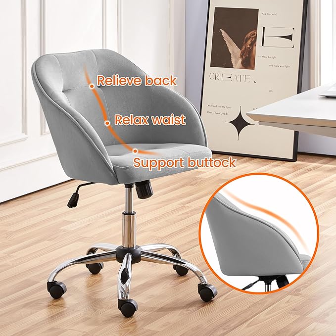 Yaheetech Velvet Desk Vanity Chair with Wheels Back Cute Small Swivel Comfy Computer Chair with Adjustable Height Tilt Angle Upholstered Accent Armchair for Bedroom Light Gray