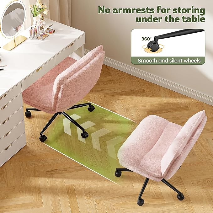 Criss Cross Chair with Wheels, 7" Extra Thick Cross Legged Office Chair, Height Adjustable Swivel Design for Home Office, Study & Vanity,Pink