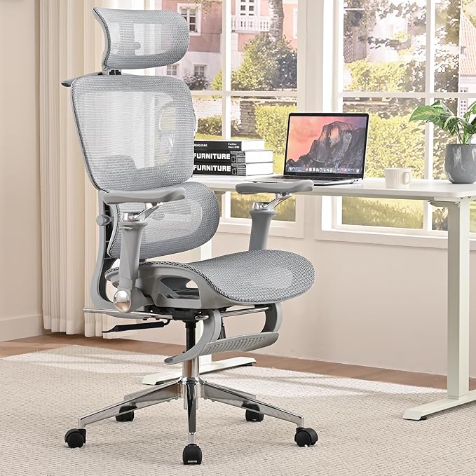 Mesh Ergonomic Office Chair with 6D Armrests,High Back Mesh Gaming Chair with Lumbar Support,Adjustable 3D Headrest for Home Office Desk Chair (Executive, Grey)