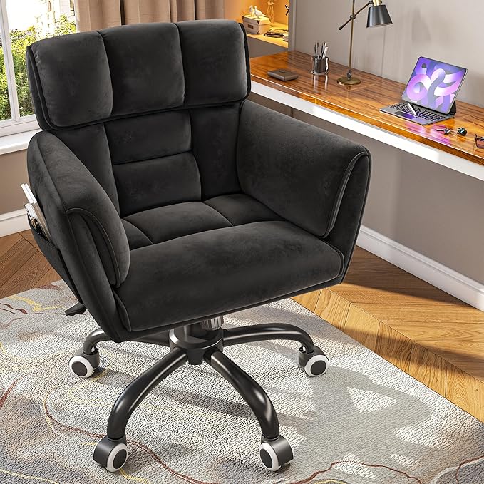 Home Office Chair with Wheels Soft-Touch Material,Modern Cute Vanity Chair with Back Adjustable Height Upholstered Comfy Desk Chairs with Side Pockets for Bedroom,Black