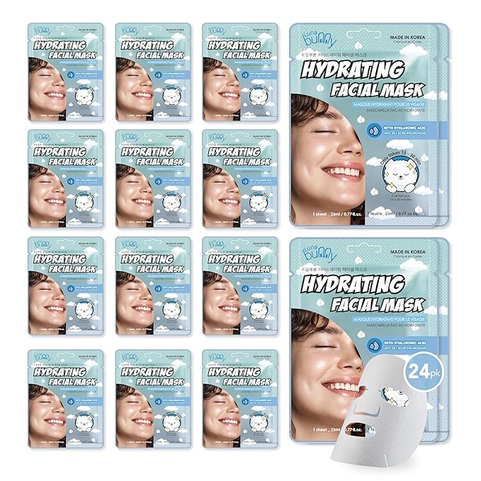Innerest Luna Bunny 24PK Facial Sheet Mask, Brightening, Nourishing & Hydrating Korean Skincare for Self Care, Home Spa with Aloe, Coconut, Vitamin & Hyaluronic (Hyaluronic Acid)