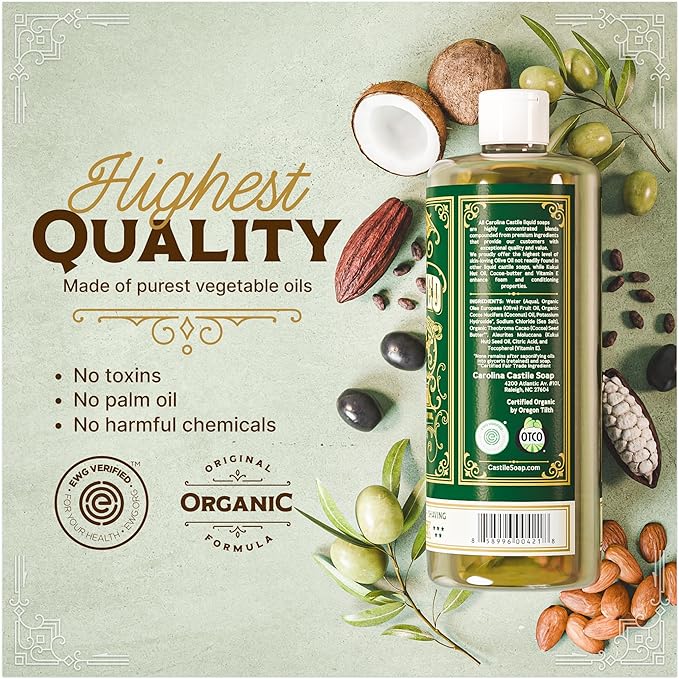 Unscented Liquid Castile Soap – Vegan Organic Soap & Body Wash, High Olive Oil Content, Non-Drying Formula, Great for Sensitive Skin by Carolina Castile, EWG Verified (Unscented, 32 Fl Oz)