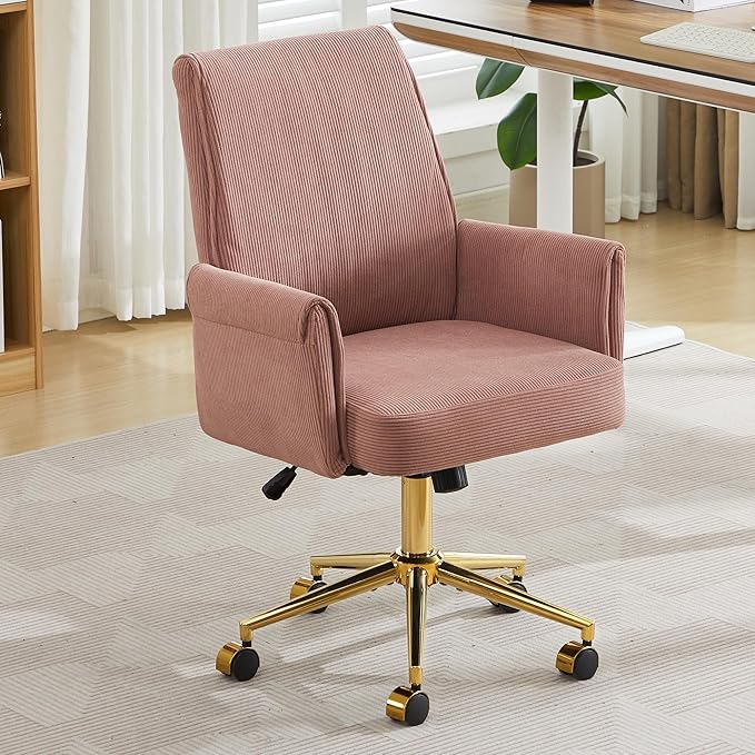 Striped Velvet Office Chair, 360° Swivel Ergonomic Task Chair with High Back, Gold Base and Wheels, Height Adjustable Modern Accent Chair for Home Office, Living Room, Study, Vanity (Dark Pink)