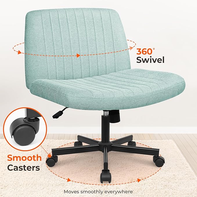 NEO Chair Criss Cross Chair with Wheels Home Office Cross Legged Armless Chairs Ergonomic Adjustable Computer Desk Task Wide Seat for Bedroom Vanity Comfy Swivel (Mint)