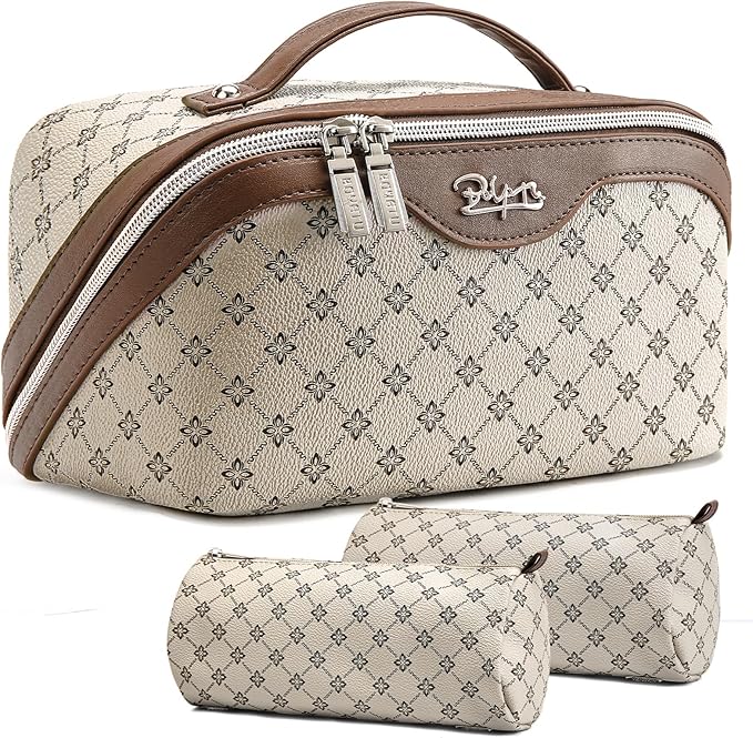 BOYATU Travel Makeup Bag Cosmetic Bags for Women: 3 Pcs Set Large Portable Make up Bag with Handle - Vegan Leather Toiletry Bags with Compartments - Makeup Organizer for Travel Essentials(A-3-Khaki)