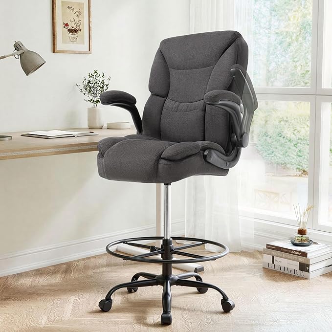 Ergonomic Drafting Chair, Tall Office Chair for Standing Desk, High Back Standing Desk Chair with Flip-Up Armrest, Adjustable Height & Foot Ring, Executive Fabric Extended Height Office Chairs, Black
