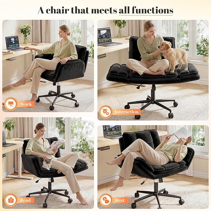 Criss Cross Chair with Wheels, Ergonomic Office Chair with Flip Armrests for Pets, Vanity Chair for Bedroom, Makeup Room and Office Room, Black