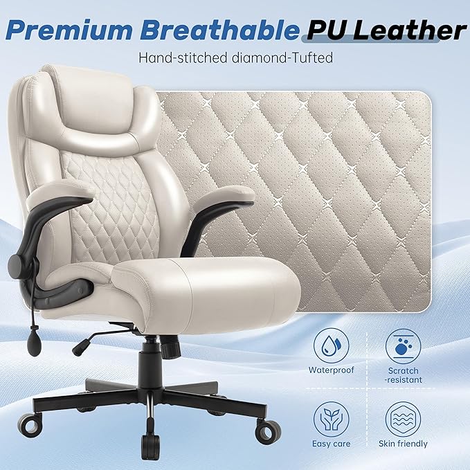 550LBS Big and Tall Office Chair, Comfy Heavy Duty Executive Chair with Adjustable Lumbar Support Double Spaces Casters, PU Extra Wide Seat Ergonomic Computer Desk Chair for Back Pain, BEIGEWHITE