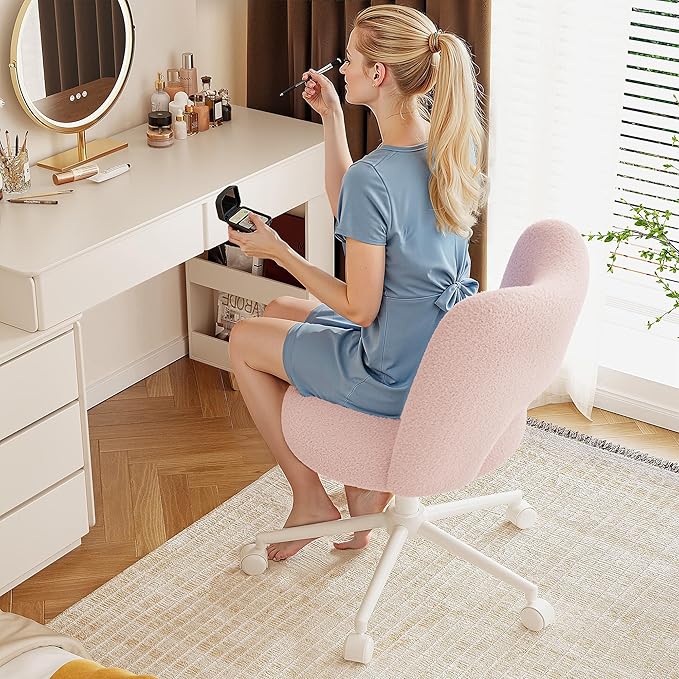 Vanity Chair with Wheels Pink,Cute Vanity Chair with Back,Ultra-Plush Fleece Cute Desk Chair, Small Office Chair Height Adjustable,for Make-up Room,Bedroom