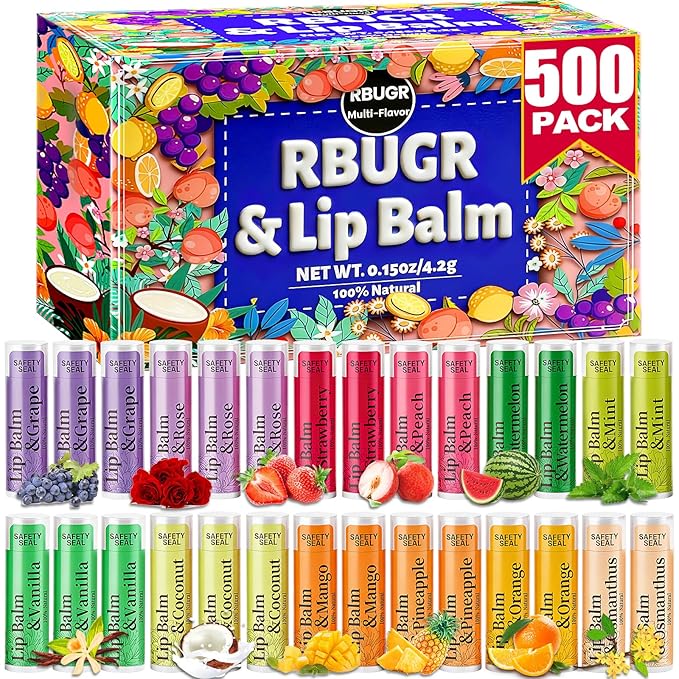 500 Pcs Lip Balm Bulk - Moisturizing with Vitamin E & Coconut Oil for Dry Cracked Lips, 12-Flavored Organic Natural Gifts Corporate Party Favors (4.2g/0.15oz)