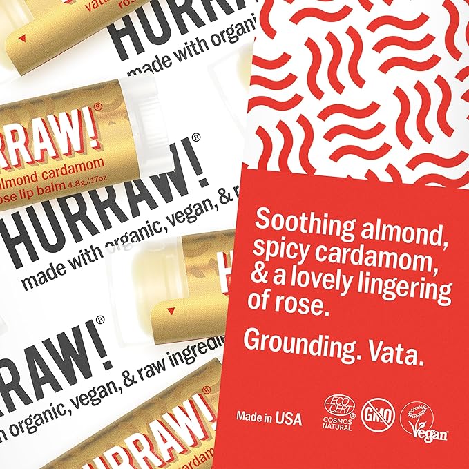 Hurraw! Almond, Cardamom, Rose (Vata) Lip Balm: Organic, Certified Vegan, Cruelty and Gluten Free. Non-GMO, 100% Natural Ingredients. Bee, Shea, Soy and Palm Free. Made in USA