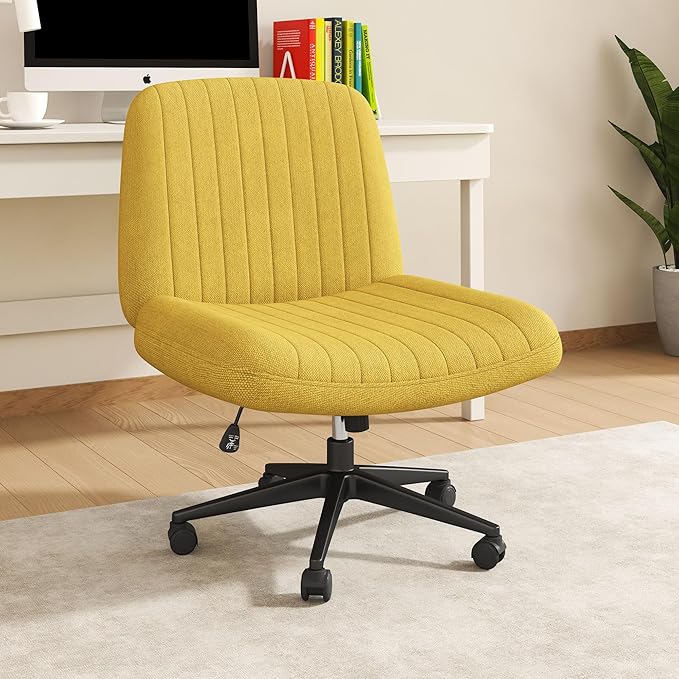 Shintenchi Criss Cross Chair,Cross Legged Office Seat with Wheels Armless Swivel Vanity Chair,Height Adjustable Wide Computer Task Seating for Home Office,Yellow ﻿