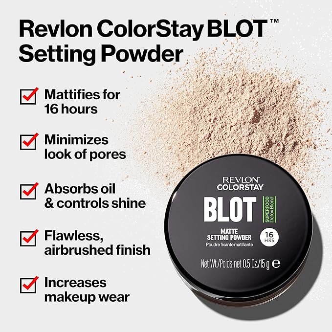 Revlon ColorStay Blot Face Makeup Setting Powder,Mattifying,Blurring & Oil Absorbing,Absorbs Sebum,Blurs Imperfections and Reduces Pore Appearance,0.5 Oz,(Pack of 2)