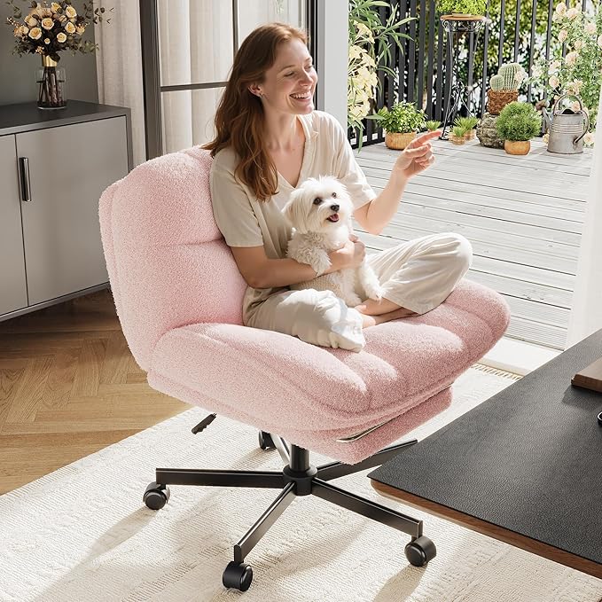 Cross Legged Office Chair with Foot Rest, 6.3" Thick Cushioned Criss Cross Chair with Wheels, Height Adjustable Swivel Vanity Chair for All-Day Comfort (Pink)