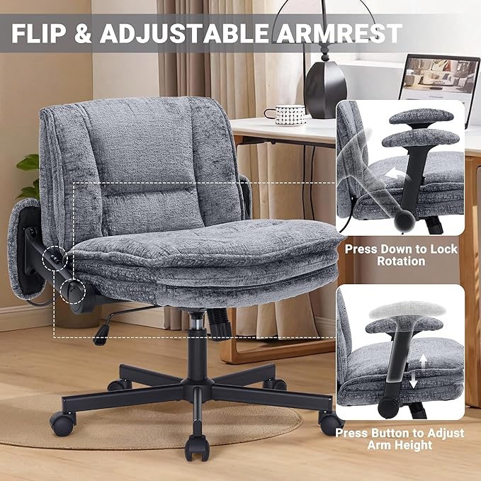 Criss Cross Chair with Wheels and Flip Arms, Upholstered Cross Legged Office Chair with 3 Layer Cushions&Dynamic Airbag Lumbar Support, Wide Seat Comfy Desk Chair for Home Office, Living Room, Grey