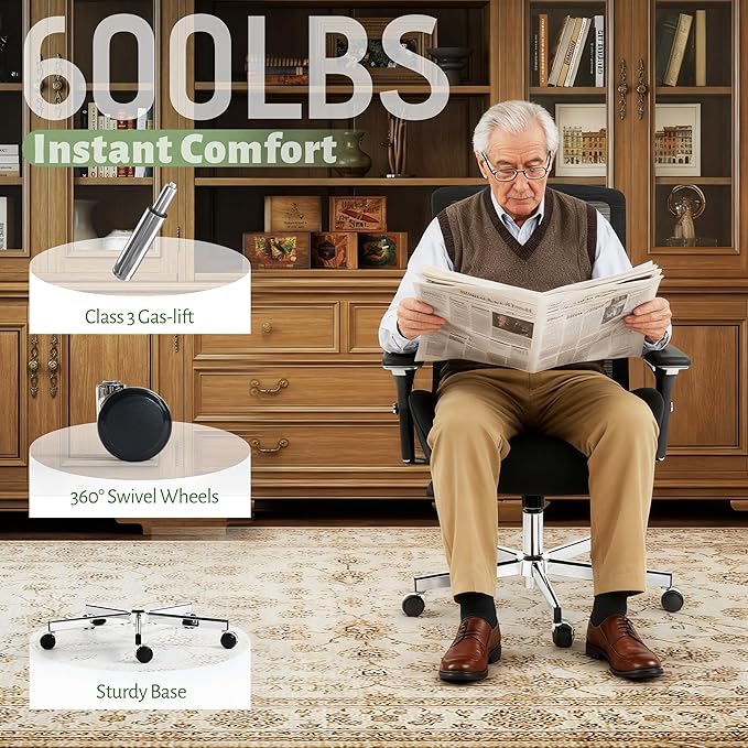 600LBS Big and Tall Office Chair,Ergonomic Mesh Office Chairs with Thicken Oversized Spring Cushion,Executive Computer Desk Chair Adjustable Upgraded 4D Armrests for Home Office,Black