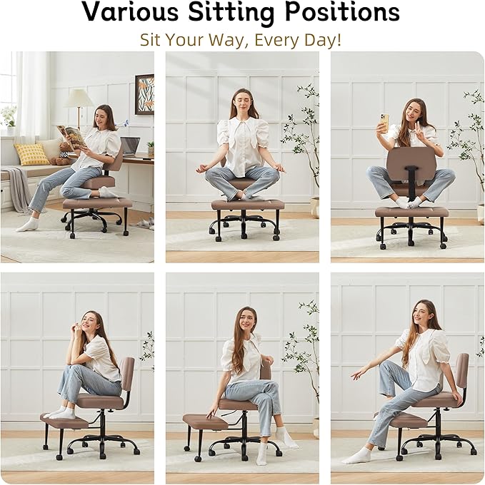 Criss Cross Legged Office Chair with Wheels,Swivel Meditation Chair for ADHD,Ergonomic Cross Legged Desk Chair with Thicken Adjustable Footstool,PU Sitting Fidgeting Kneeling Chair for Home Yoga Brown